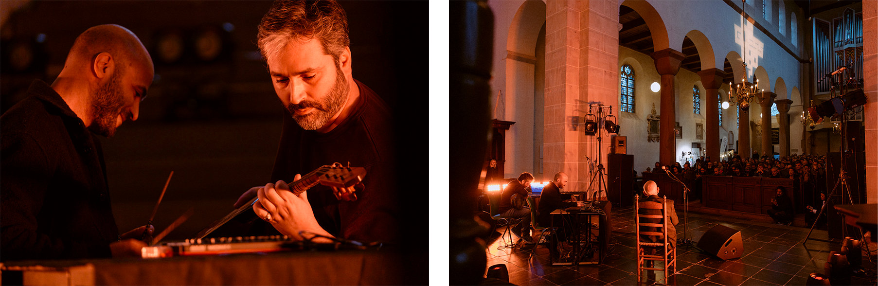 Two photos. The first photo is a portrait of two men playing instruments. The second photo was taken in a church from the stage. You can see the back of three men performing together. In the background, the audience sits on church benches.